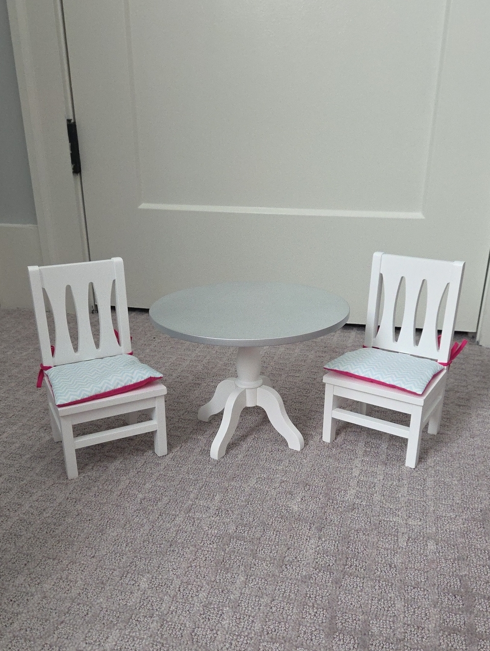 American Girl Doll Table and Chairs Set with Pink-Trim Cushions